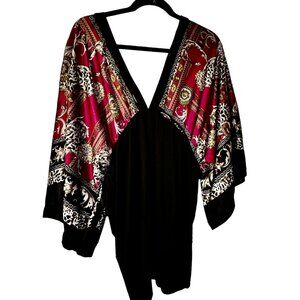 She's Cool Multi Color Satin Kimono Blouse, Sz 1X